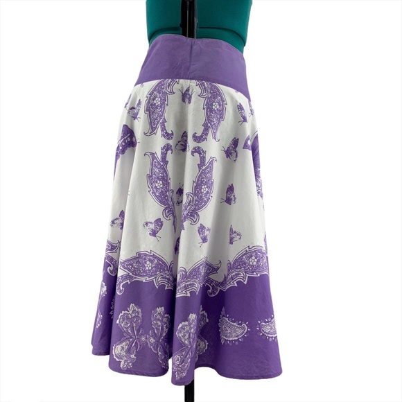 DKR & Co Purple and White Cotton Paisley Butterfly Patterned Circle Skirt, Large - Picture 7 of 14